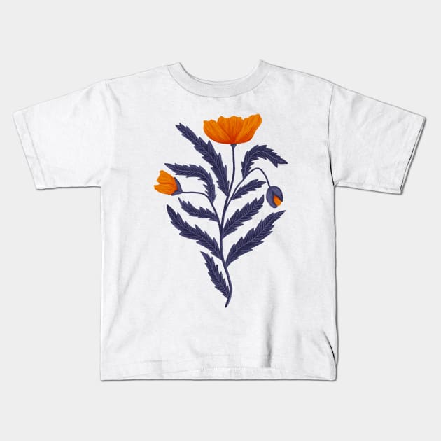 Poppy Flower 1 Orange Blue Kids T-Shirt by DenesAnnaDesign